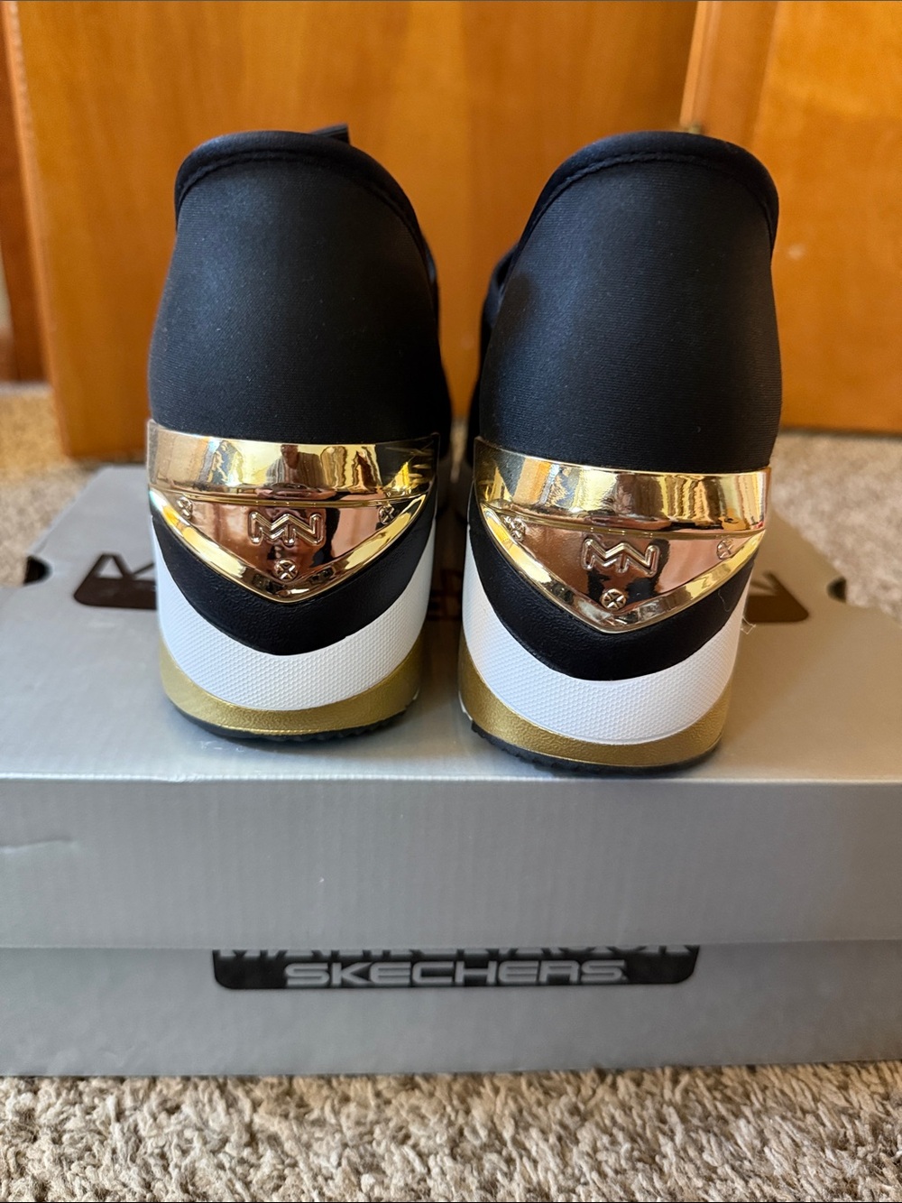 Skechers Black Slip-On Knit Platform Sneakers with Gold Heel Accent - Picture 4 of 6